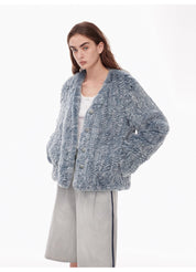 "Masked Denim" fashionable lazy hand-dyed V-neck H-shaped short woven Rex rabbit fur coat