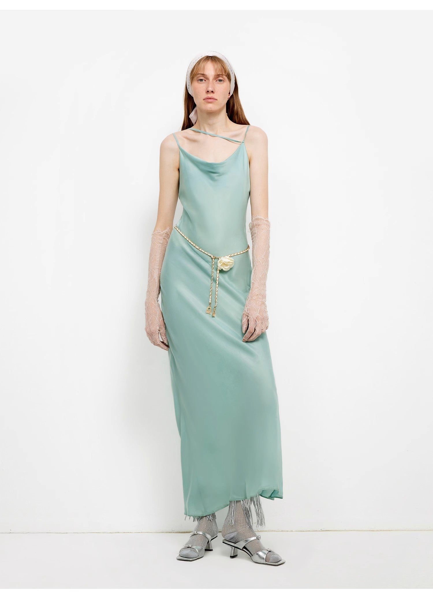 "Island Riddle" Glossy copper-ammonia silk satin light luxury swing collar slim fishtail suspender dress