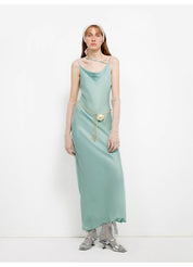 "Island Riddle" Glossy copper-ammonia silk satin light luxury swing collar slim fishtail suspender dress