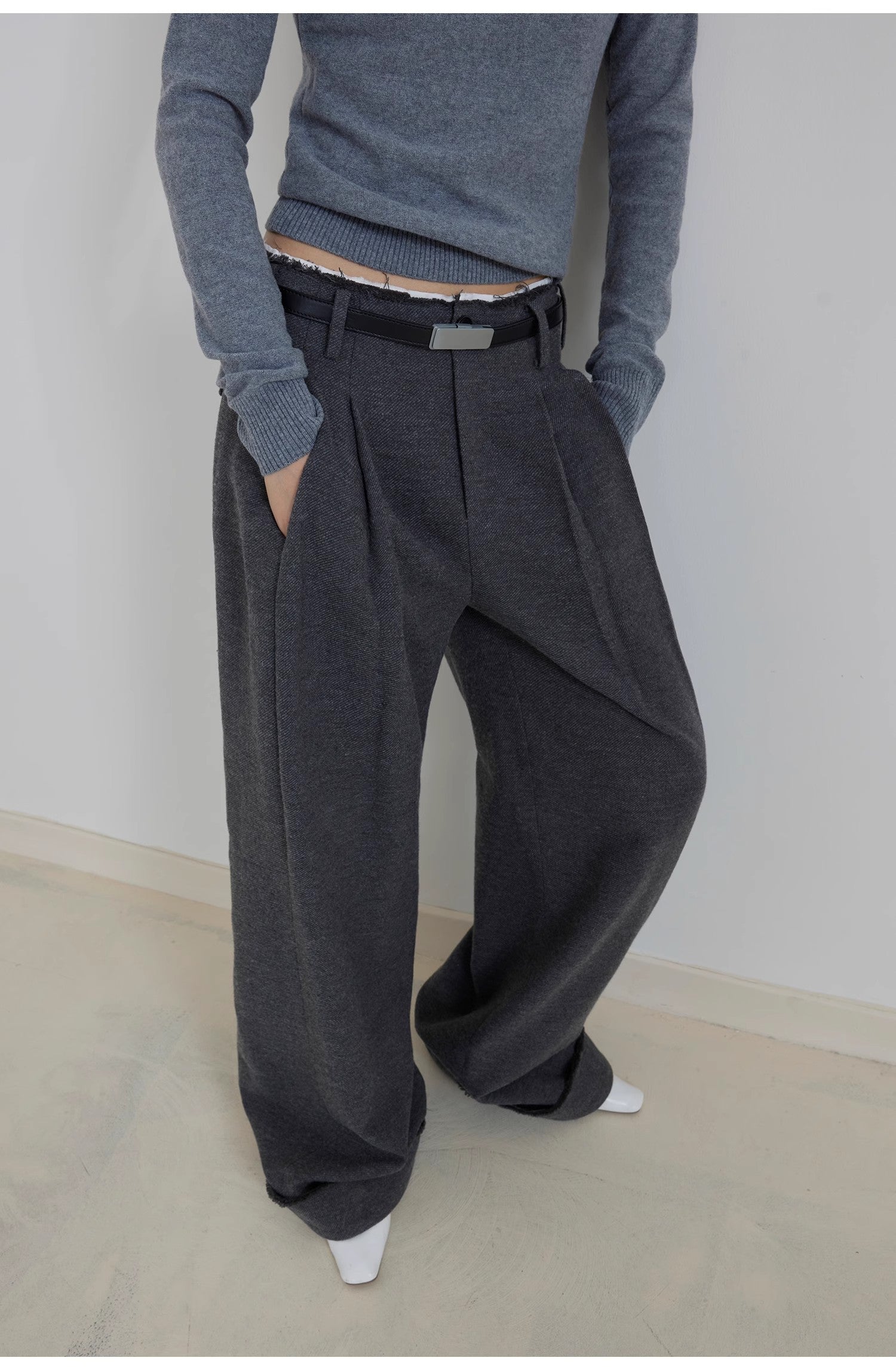 "Commuting Rules" Worsted Wool Blend Waistless Raw Edge Wide Leg Pants Slimming Scimitar Casual Pants