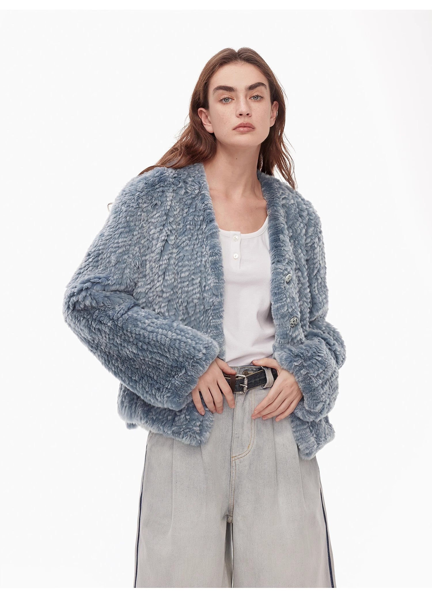 "Masked Denim" fashionable lazy hand-dyed V-neck H-shaped short woven Rex rabbit fur coat