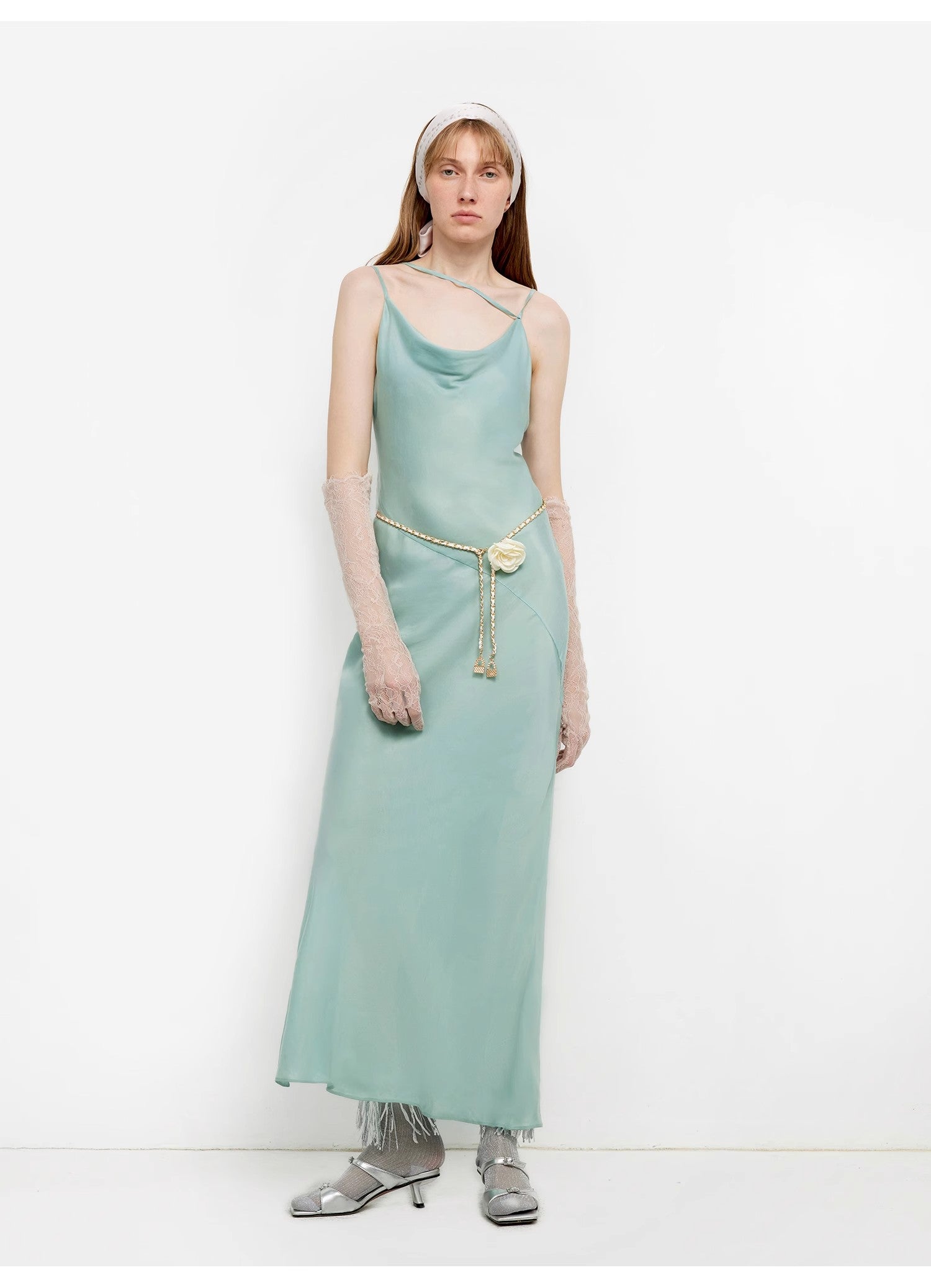 "Island Riddle" Glossy copper-ammonia silk satin light luxury swing collar slim fishtail suspender dress