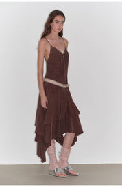 "Heart-beating Invitation" Lazy copper-ammonia rayon V-neck irregular adjustable mid-length suspender dress