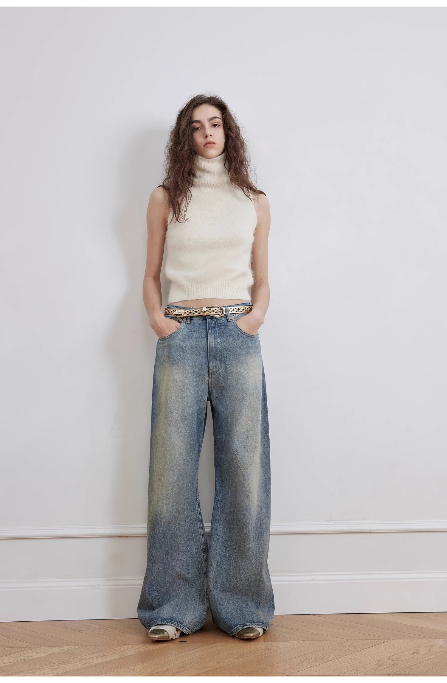 "Magic Dream" Retro Modern Washed Chicken Claw Wrinkled Jeans Women's Spacious Straight Wide Leg Pants