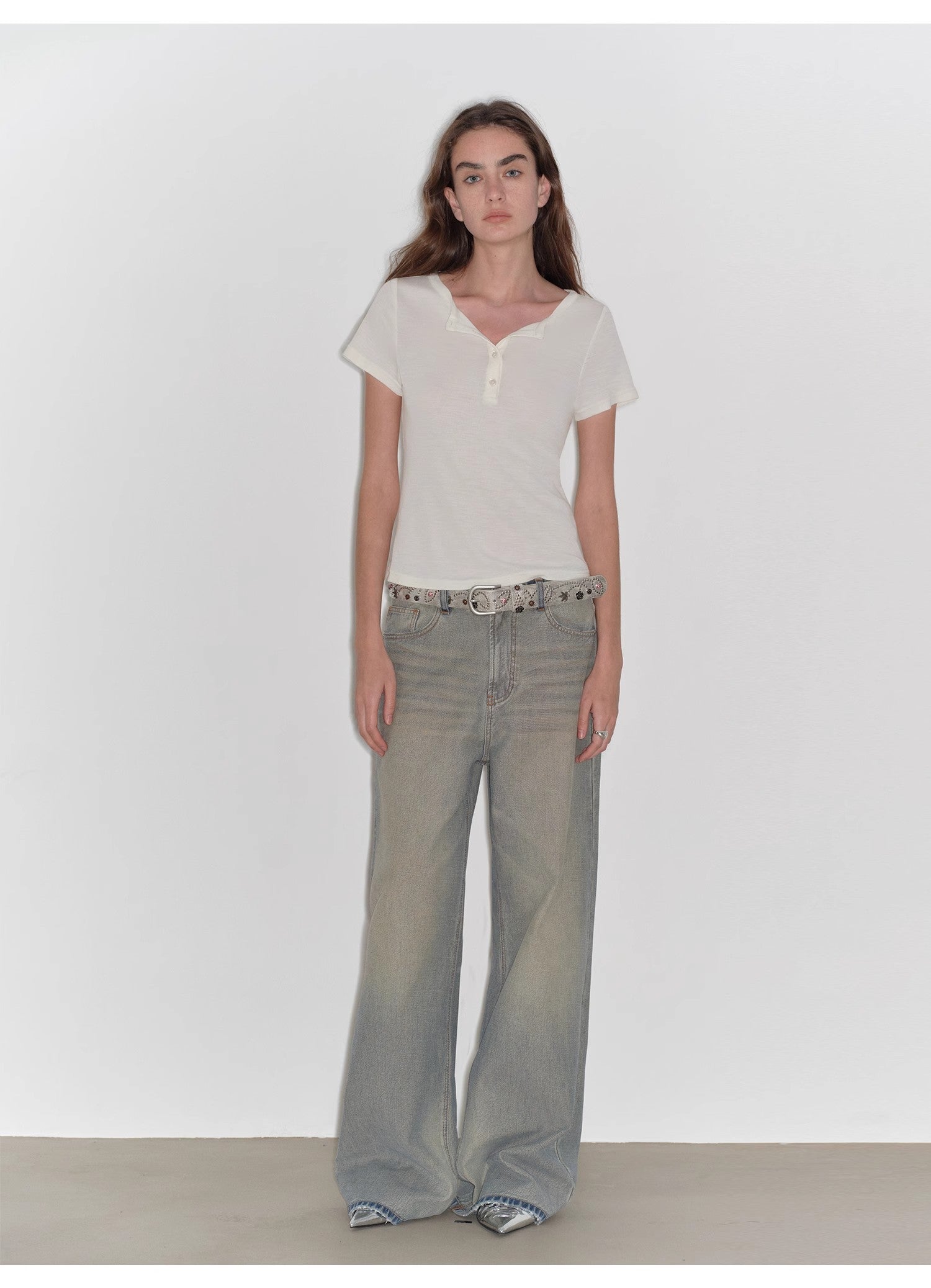 "Simple Advent" Fine Australian Wool Skin-Friendly Fit Henley Neck Tight T-Shirt