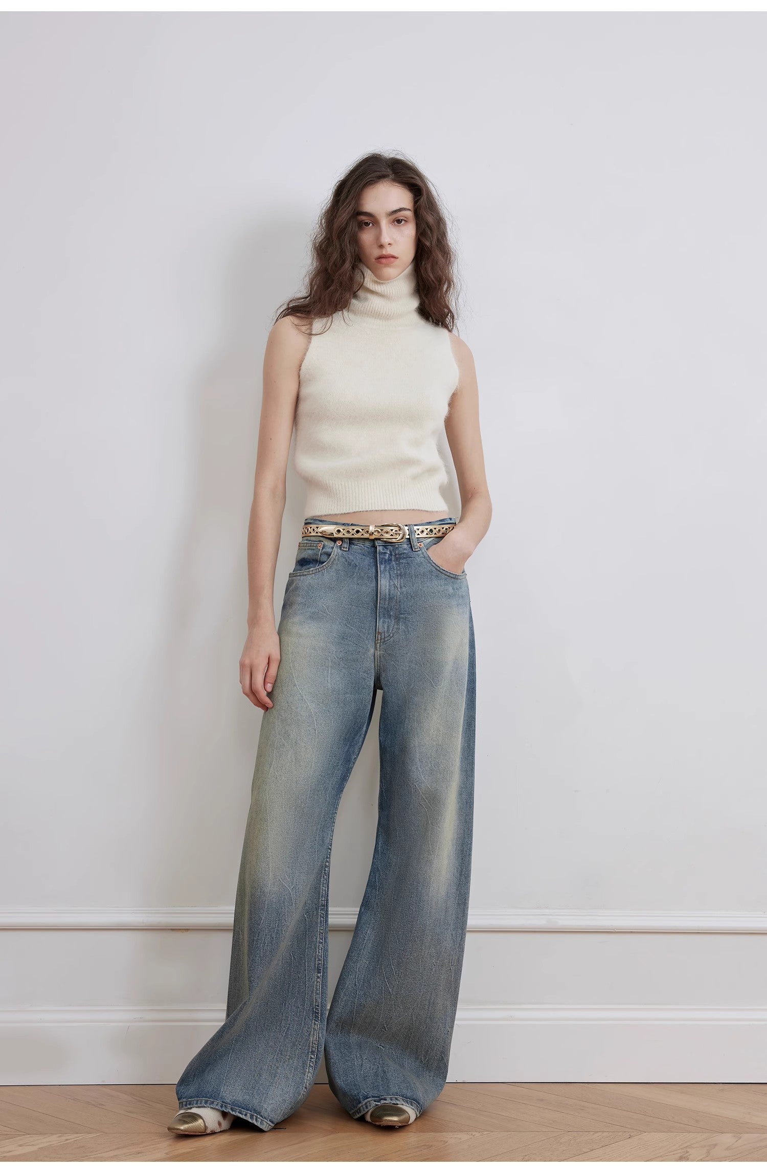 "Magic Dream" Retro Modern Washed Chicken Claw Wrinkled Jeans Women's Spacious Straight Wide Leg Pants