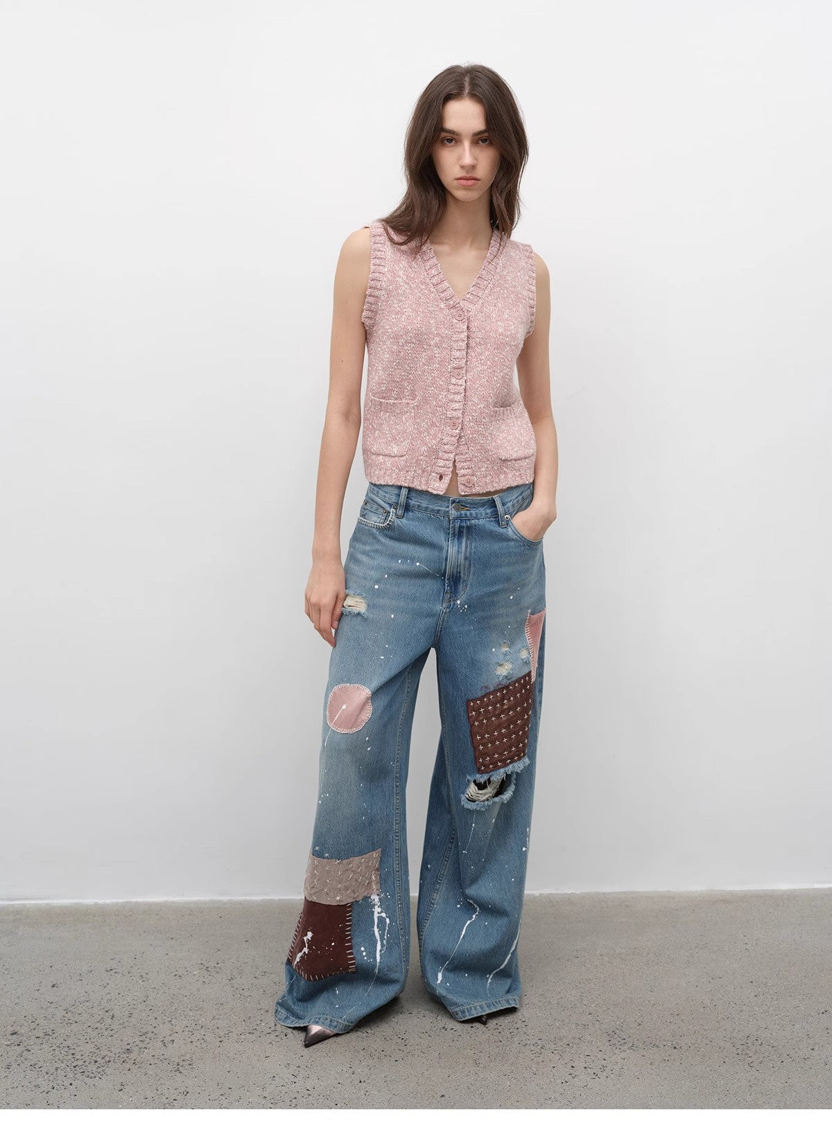 "Stacking Rehearsal" Fashionable vintage style layering artifact wool blend dotted V-neck knitted vest for autumn