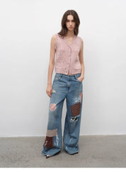 "Stacking Rehearsal" Fashionable vintage style layering artifact wool blend dotted V-neck knitted vest for autumn