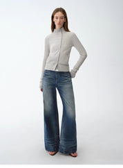 "Senna Melody" oblique placket fine merino wool and cotton blend zipper knitted cardigan top for women