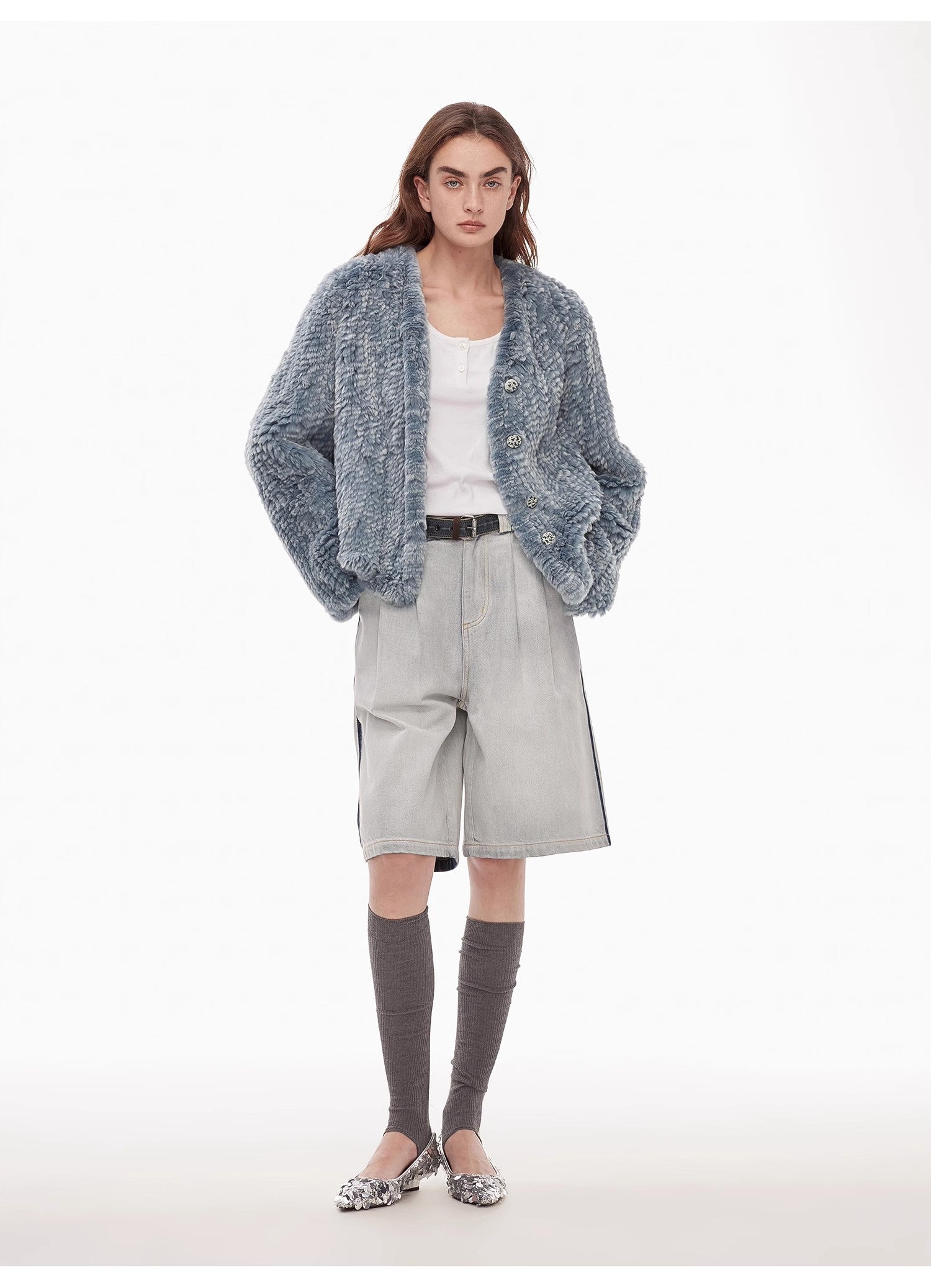 "Masked Denim" fashionable lazy hand-dyed V-neck H-shaped short woven Rex rabbit fur coat