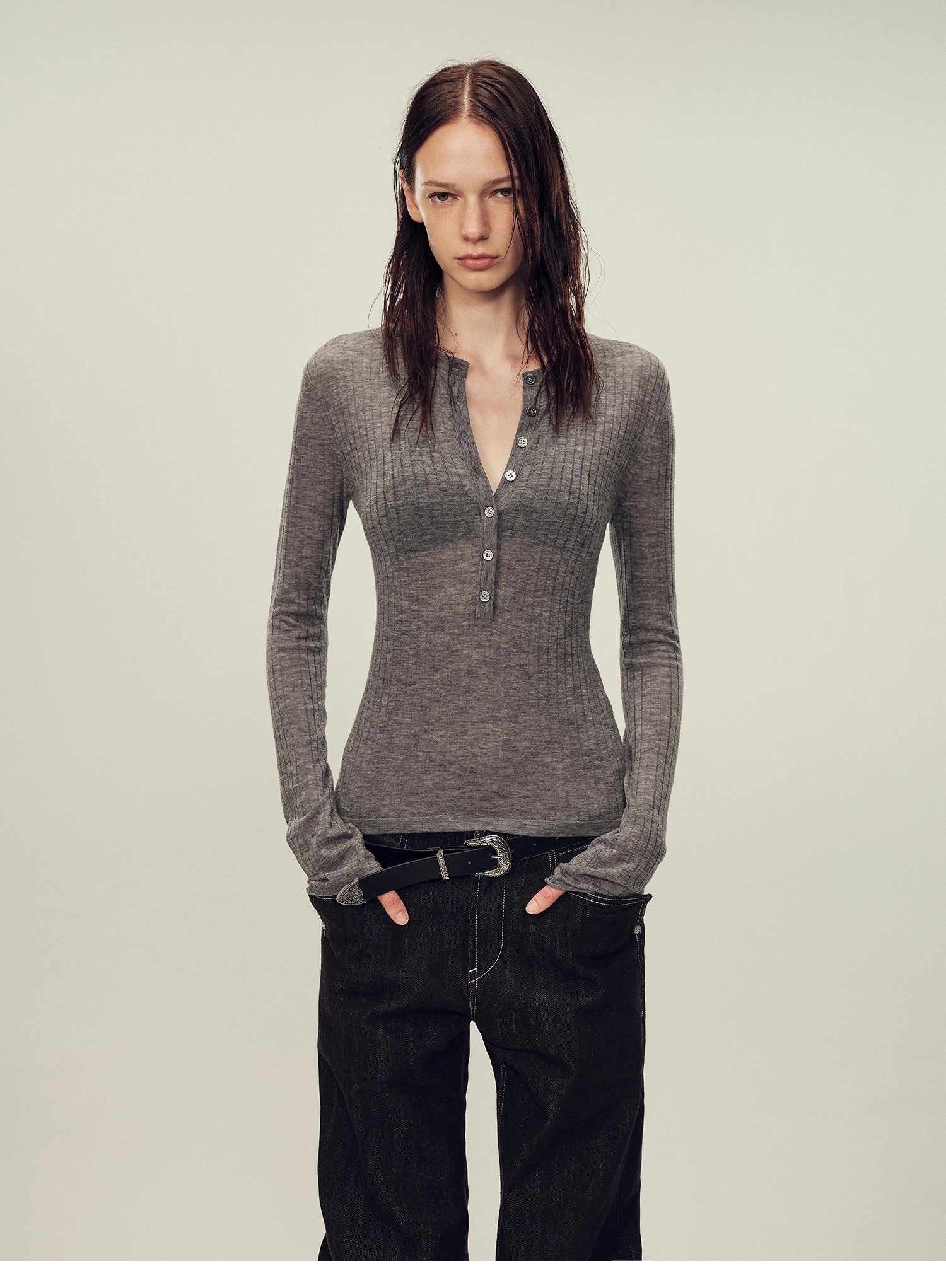 Ultrafine water-soluble wool blended versatile V-neck cardigan long-sleeved knitted top "Warm Brown Quiet Autumn"