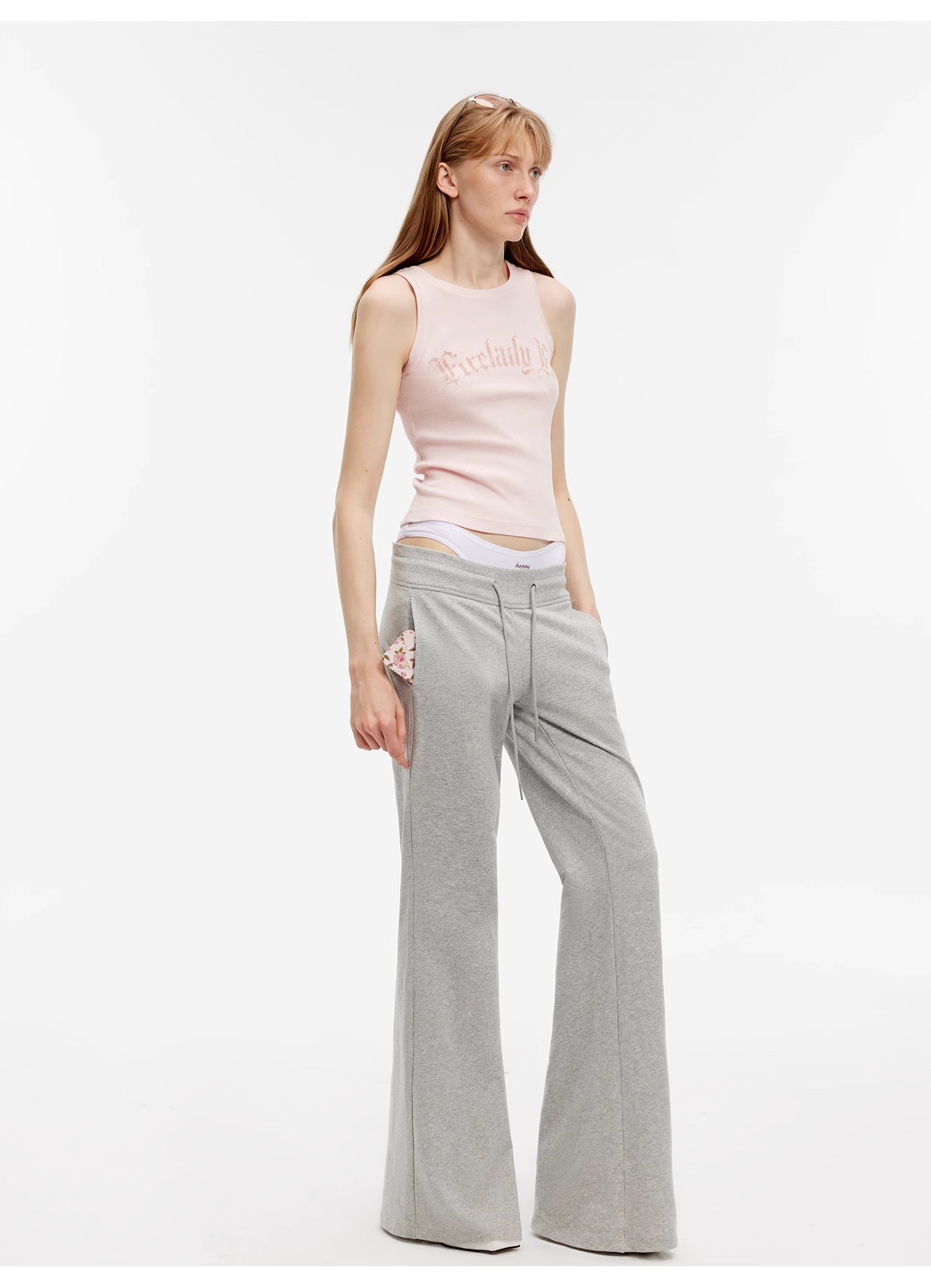 "American High Street" air-spun OE cotton fashionable low-rise fit wide waist drawstring flared pants