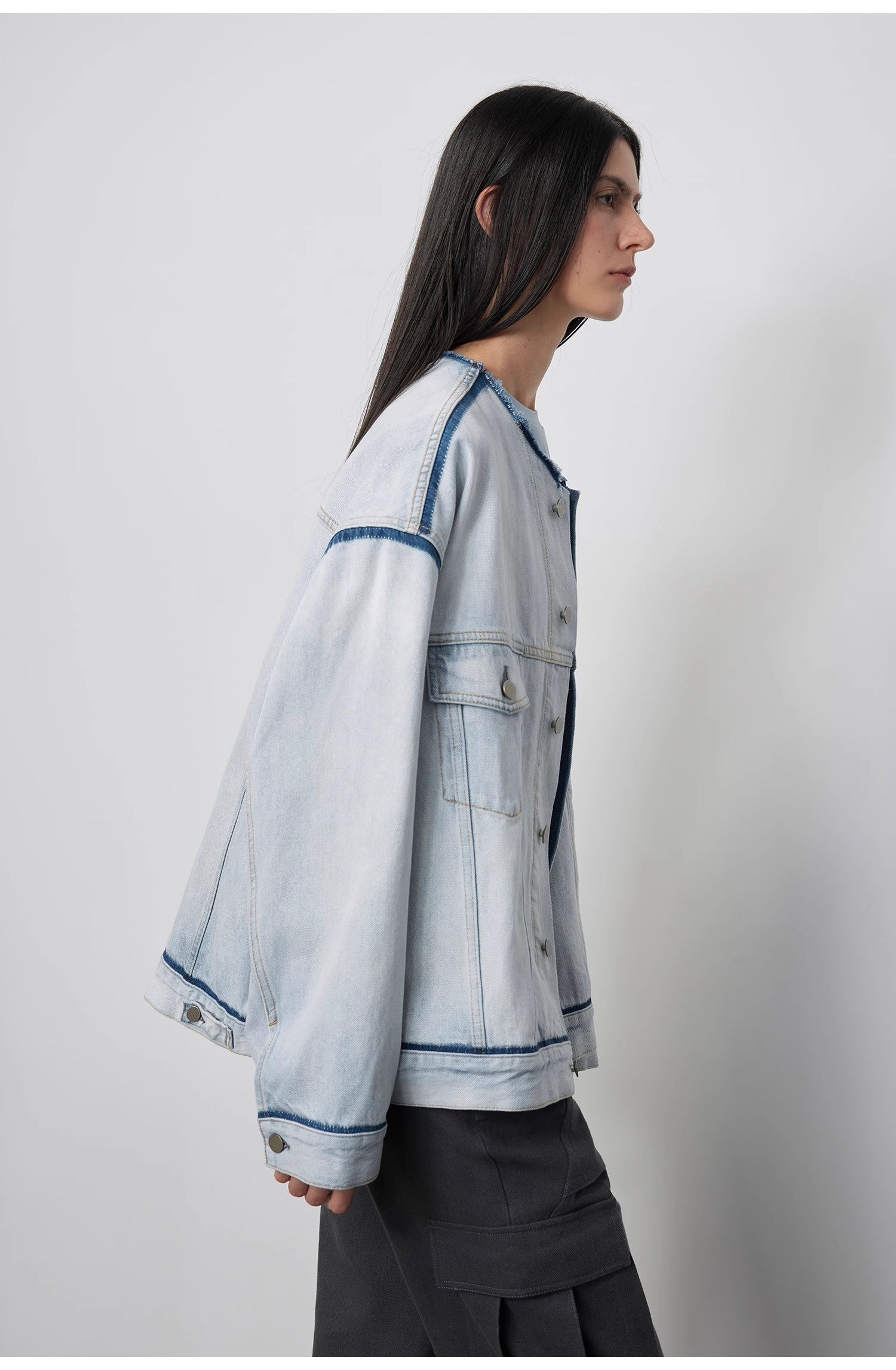 "Starry Sky Market" luxury brand classic washed cotton collarless raw edge denim jacket