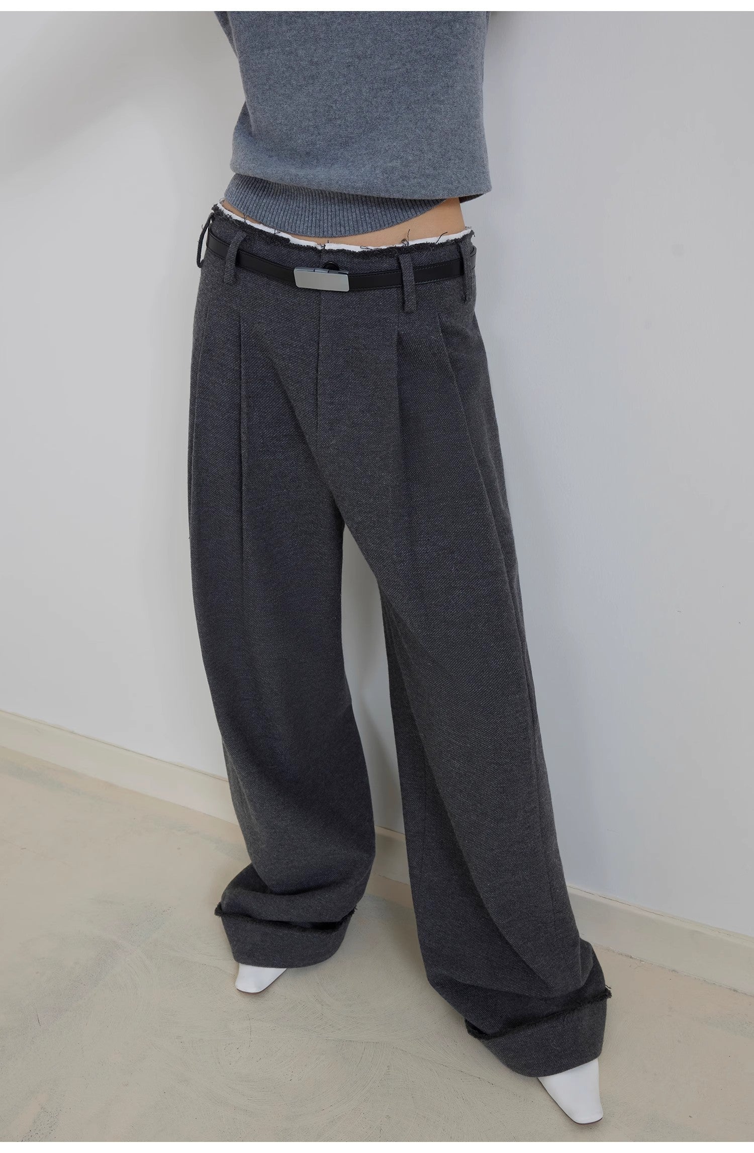 "Commuting Rules" Worsted Wool Blend Waistless Raw Edge Wide Leg Pants Slimming Scimitar Casual Pants