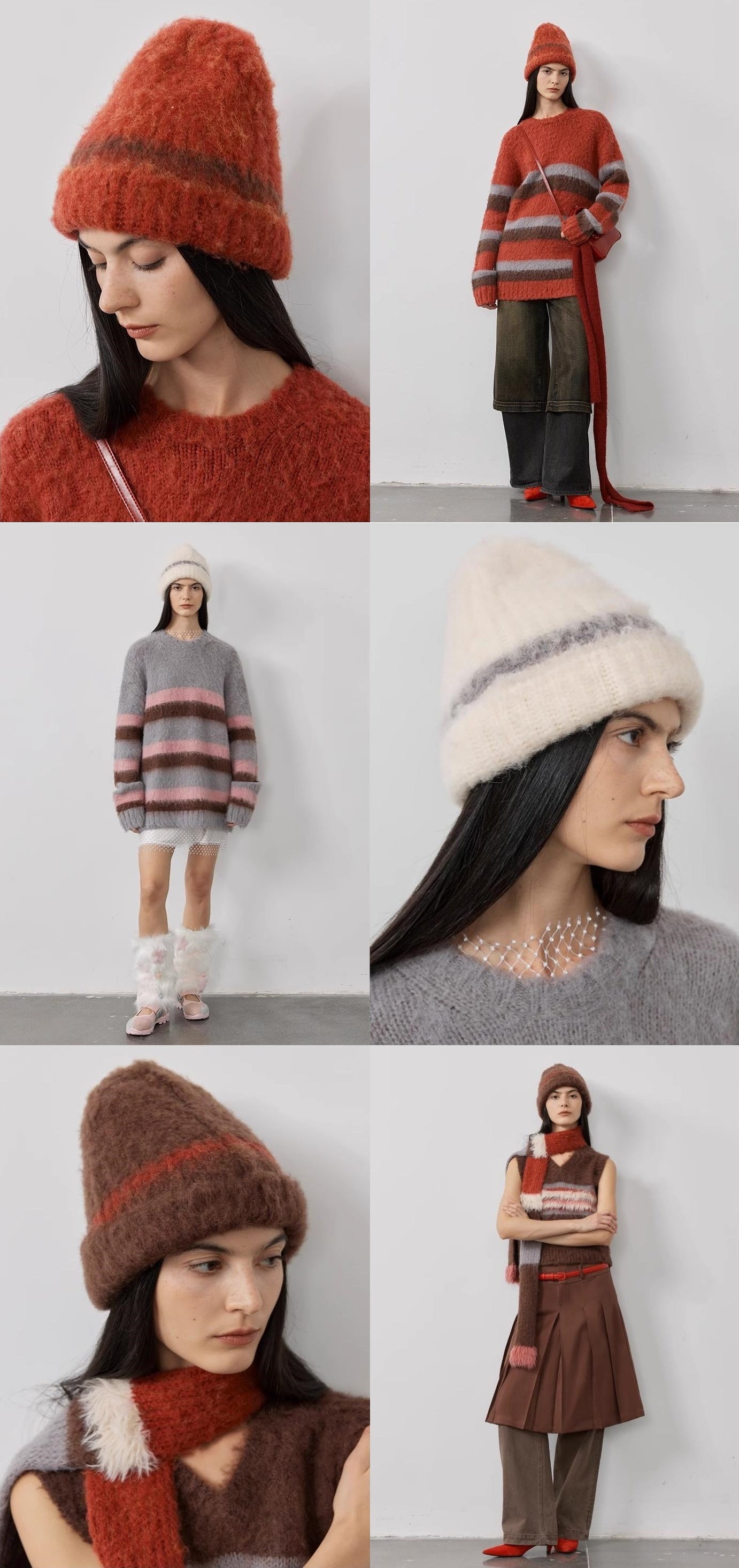 Ambiance Bowler Hat Mohair Wool Blend Vintage Colorblock Knit Hat Scarf Set
