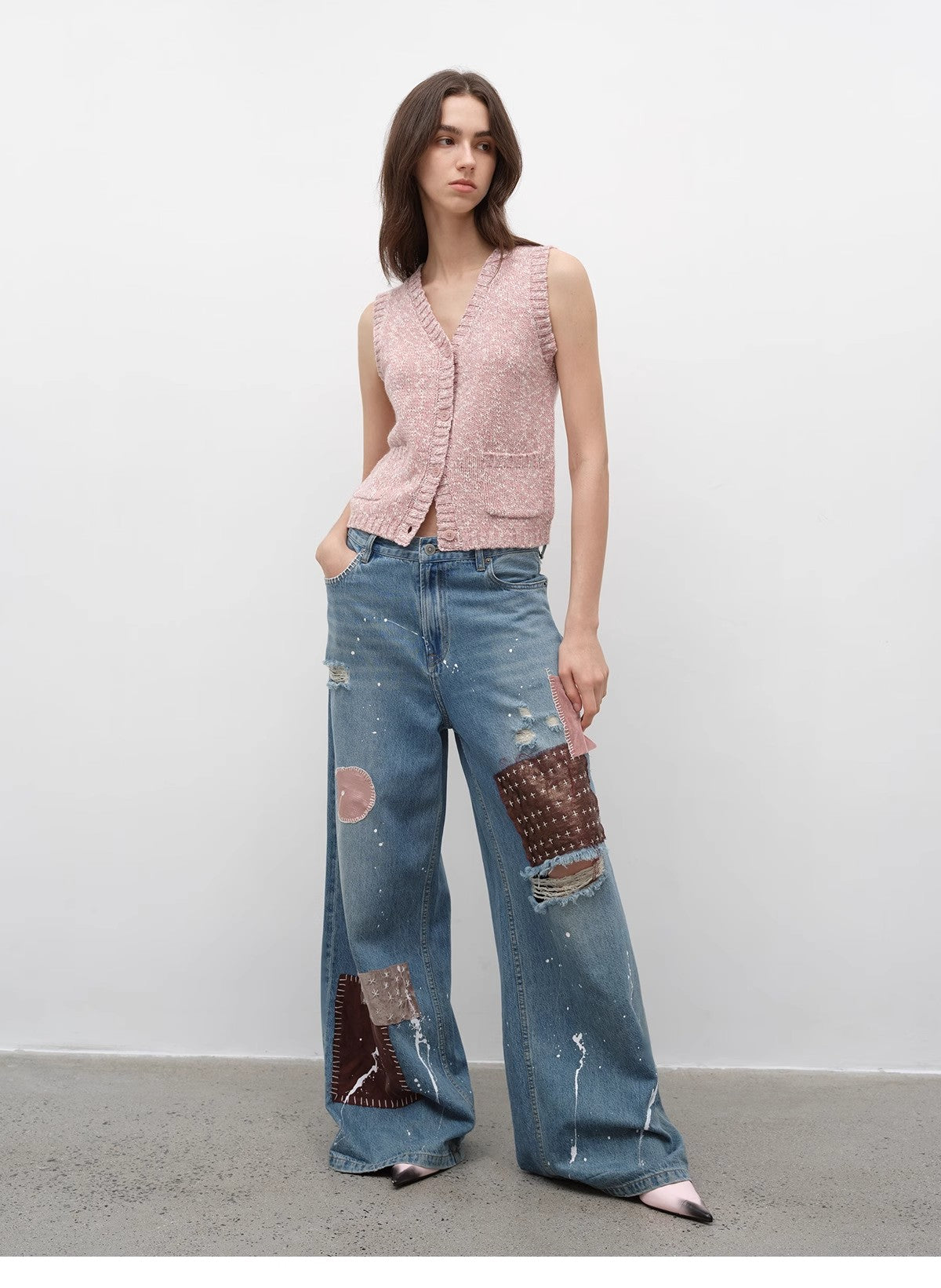 "Stacking Rehearsal" Fashionable vintage style layering artifact wool blend dotted V-neck knitted vest for autumn