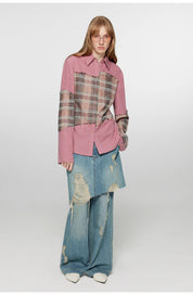 "Fashionable Sniper" Tencel blended fake two-piece stitching jeans women's ripped raw edge straight wide-leg pants