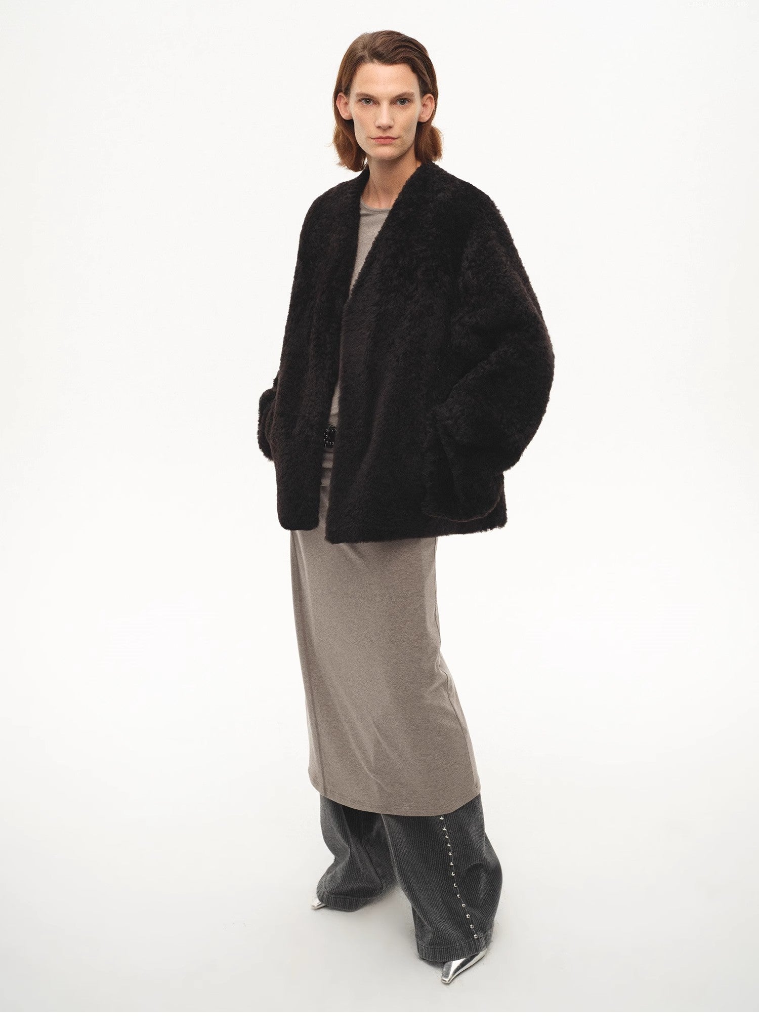 "Paris Night" luxury lightweight v-neck mid-length imported ragone sheepskin fur coat