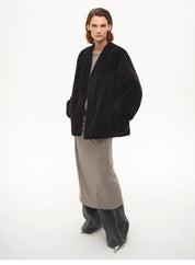 "Paris Night" luxury lightweight v-neck mid-length imported ragone sheepskin fur coat