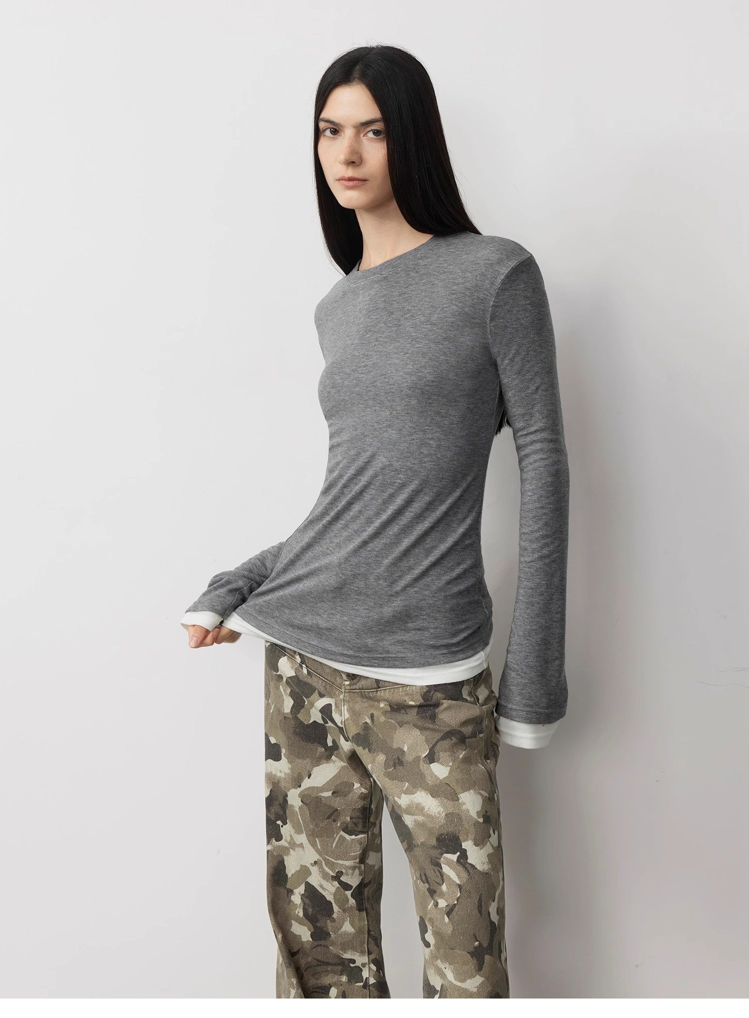 Lyocell wool stretch comfortable breathable fit minimalist solid color long-sleeved T-shirt