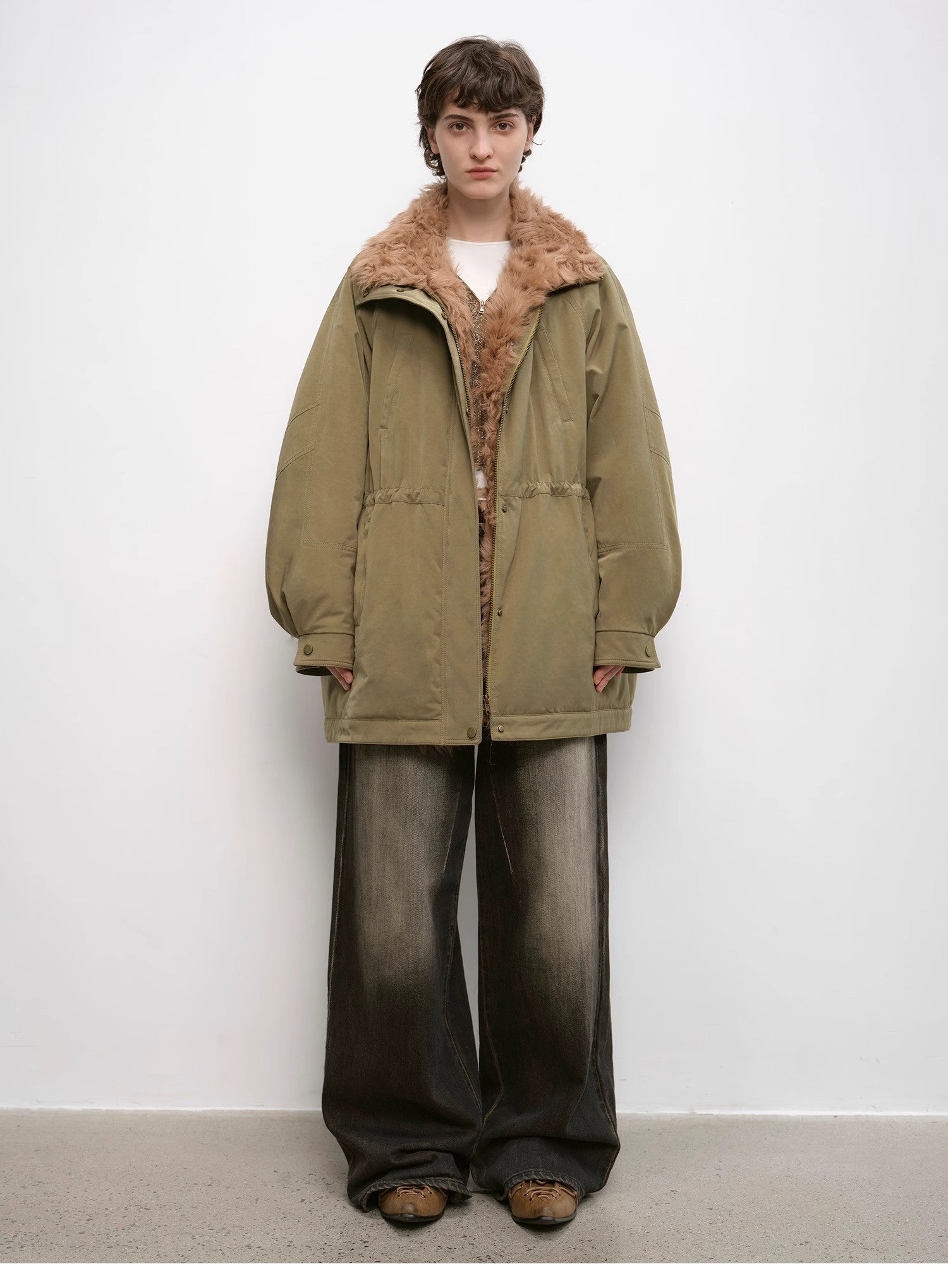 "Amber Pine Forest" fashionable Toka curly collar 90 goose down H-type drawstring mid-length parka down jacket