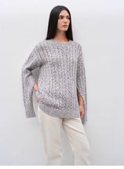 "Thousand Islands Forest Club" Cable-cut Round Neck Wool Blend Slightly Wide Shoulder Sweater