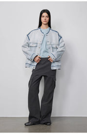 "Starry Sky Market" luxury brand classic washed cotton collarless raw edge denim jacket