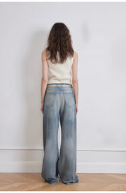 "Magic Dream" Retro Modern Washed Chicken Claw Wrinkled Jeans Women's Spacious Straight Wide Leg Pants