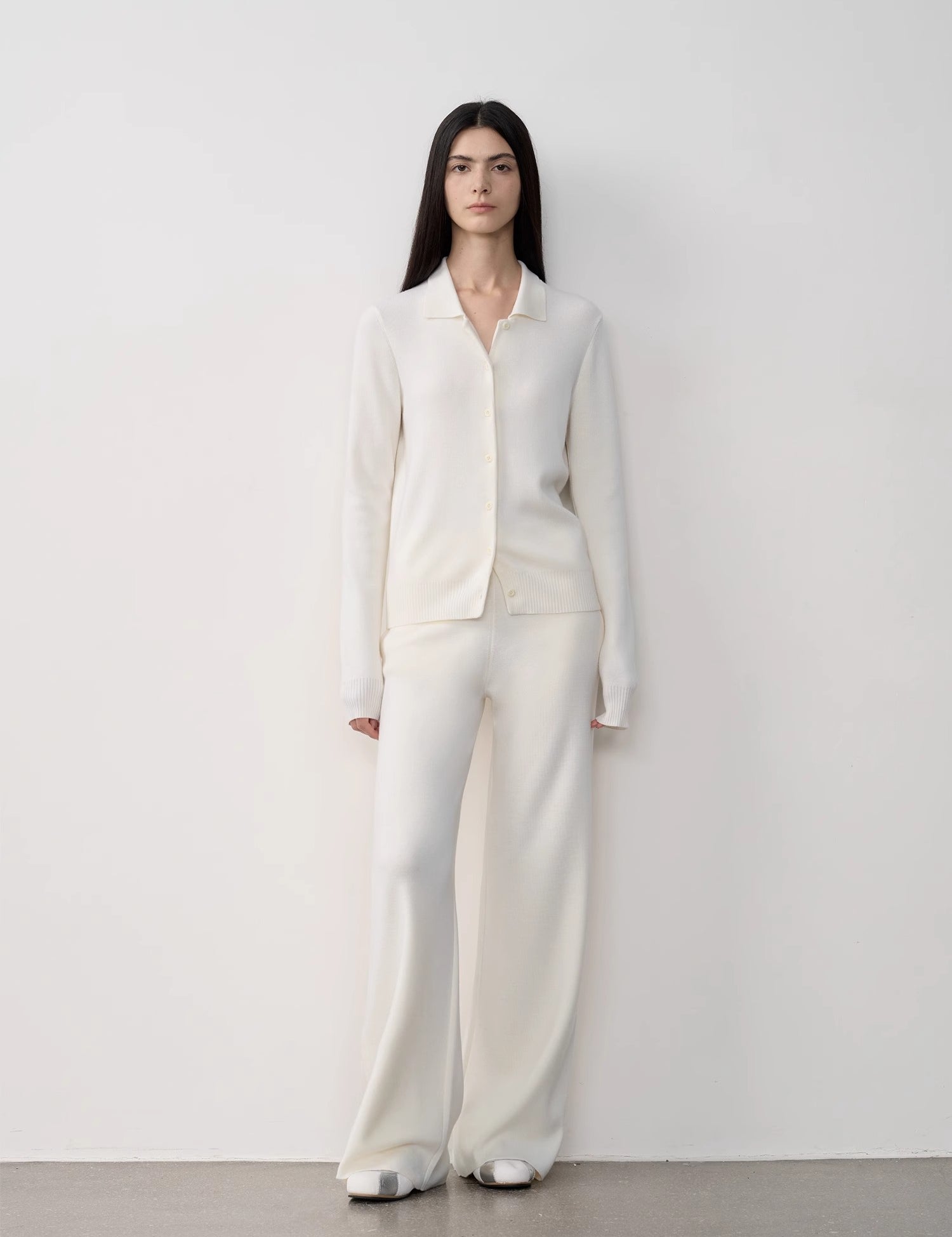 "Lazy urban" Yangtze Merino wool polo-neck cardigan straight-leg knitted pants suit