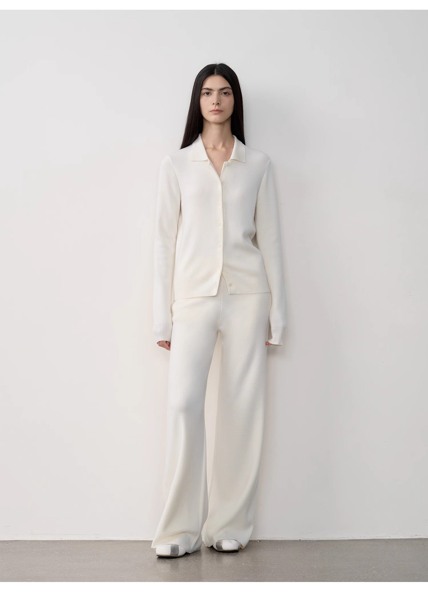 "Lazy urban" Yangtze Merino wool polo-neck cardigan straight-leg knitted pants suit