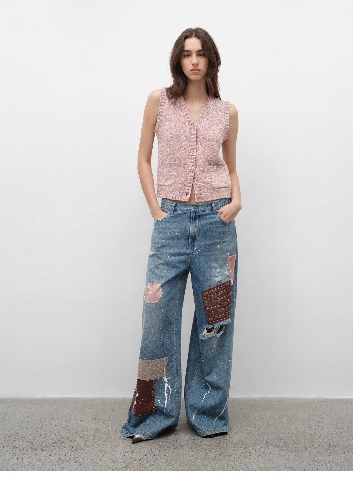 "Stacking Rehearsal" Fashionable vintage style layering artifact wool blend dotted V-neck knitted vest for autumn