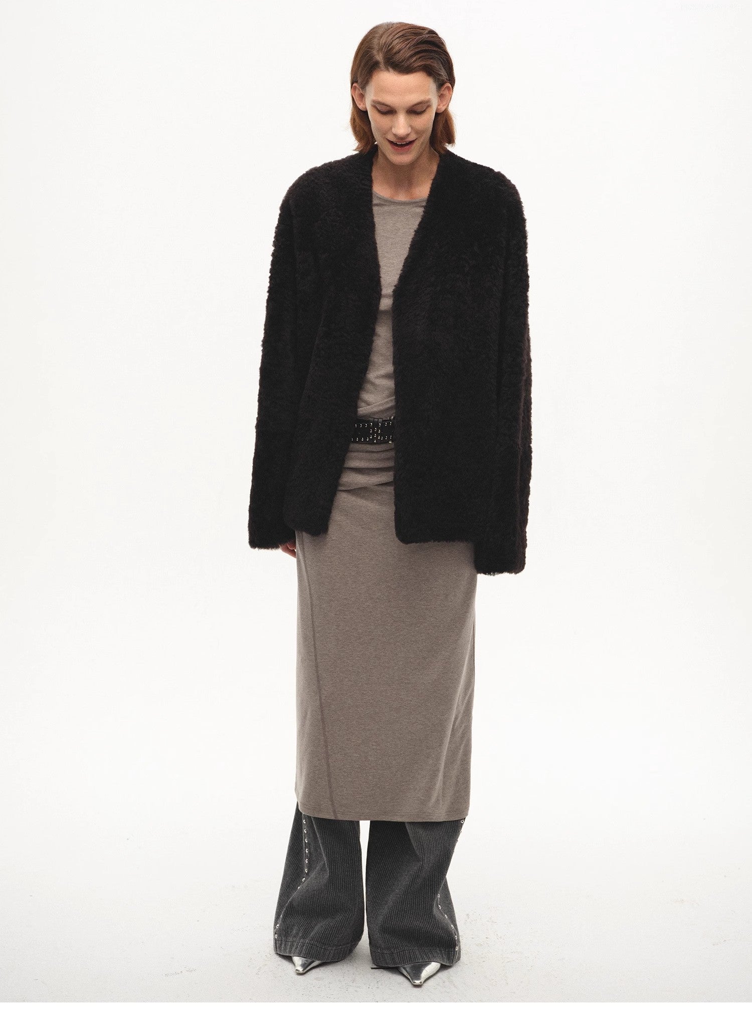 "Paris Night" luxury lightweight v-neck mid-length imported ragone sheepskin fur coat