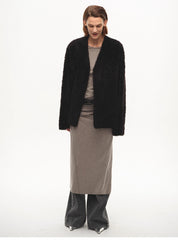 "Paris Night" luxury lightweight v-neck mid-length imported ragone sheepskin fur coat