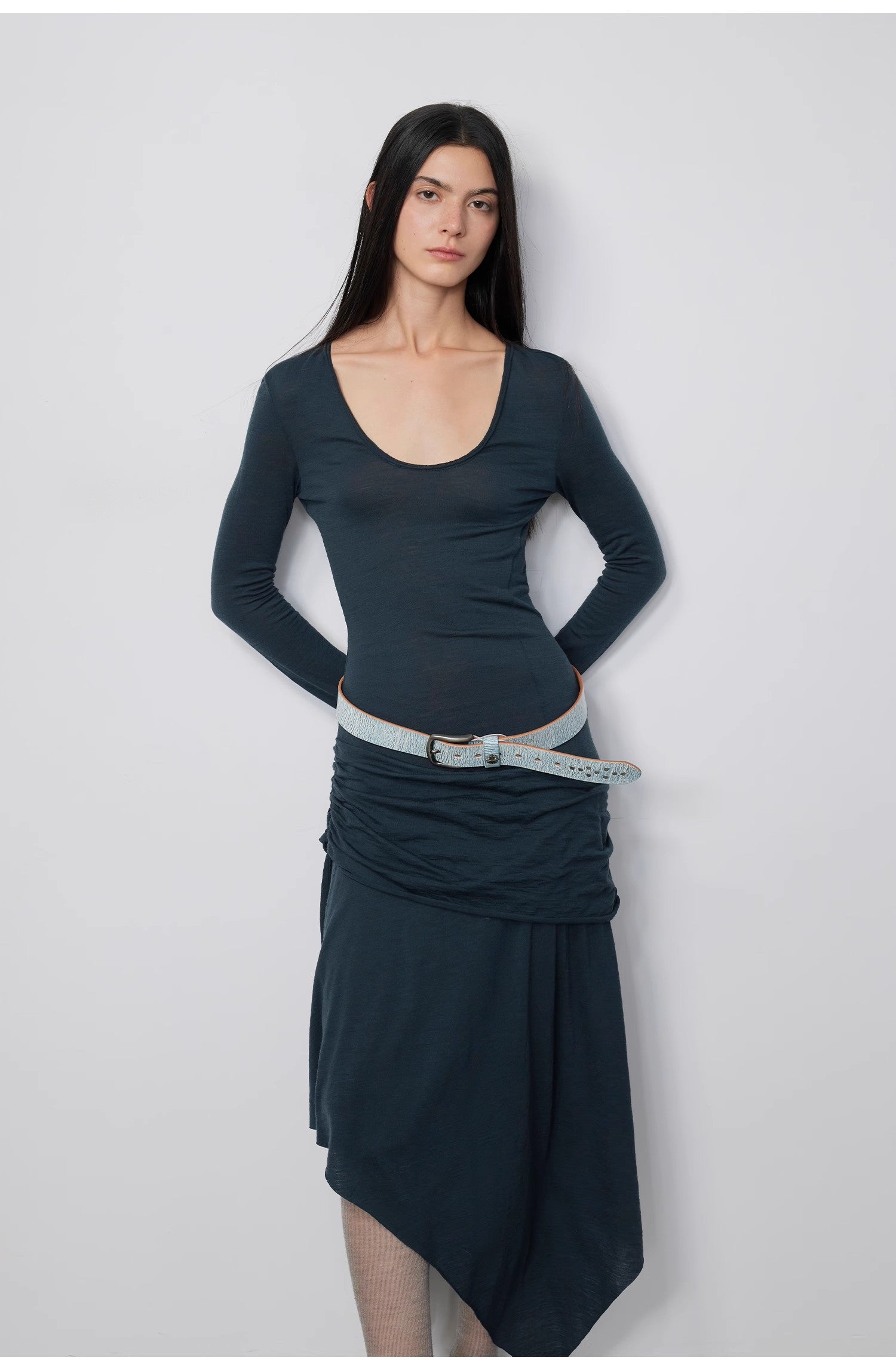 "Dreamy Ball" Lightweight and Breathable 100% Wool / U-neck Irregular Hem Long Dress for Women