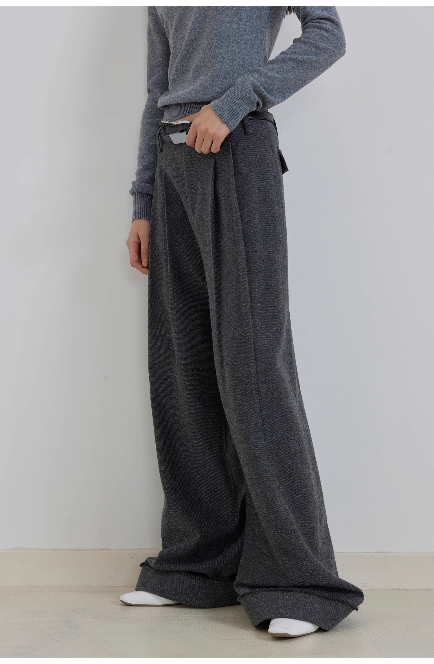 "Commuting Rules" Worsted Wool Blend Waistless Raw Edge Wide Leg Pants Slimming Scimitar Casual Pants