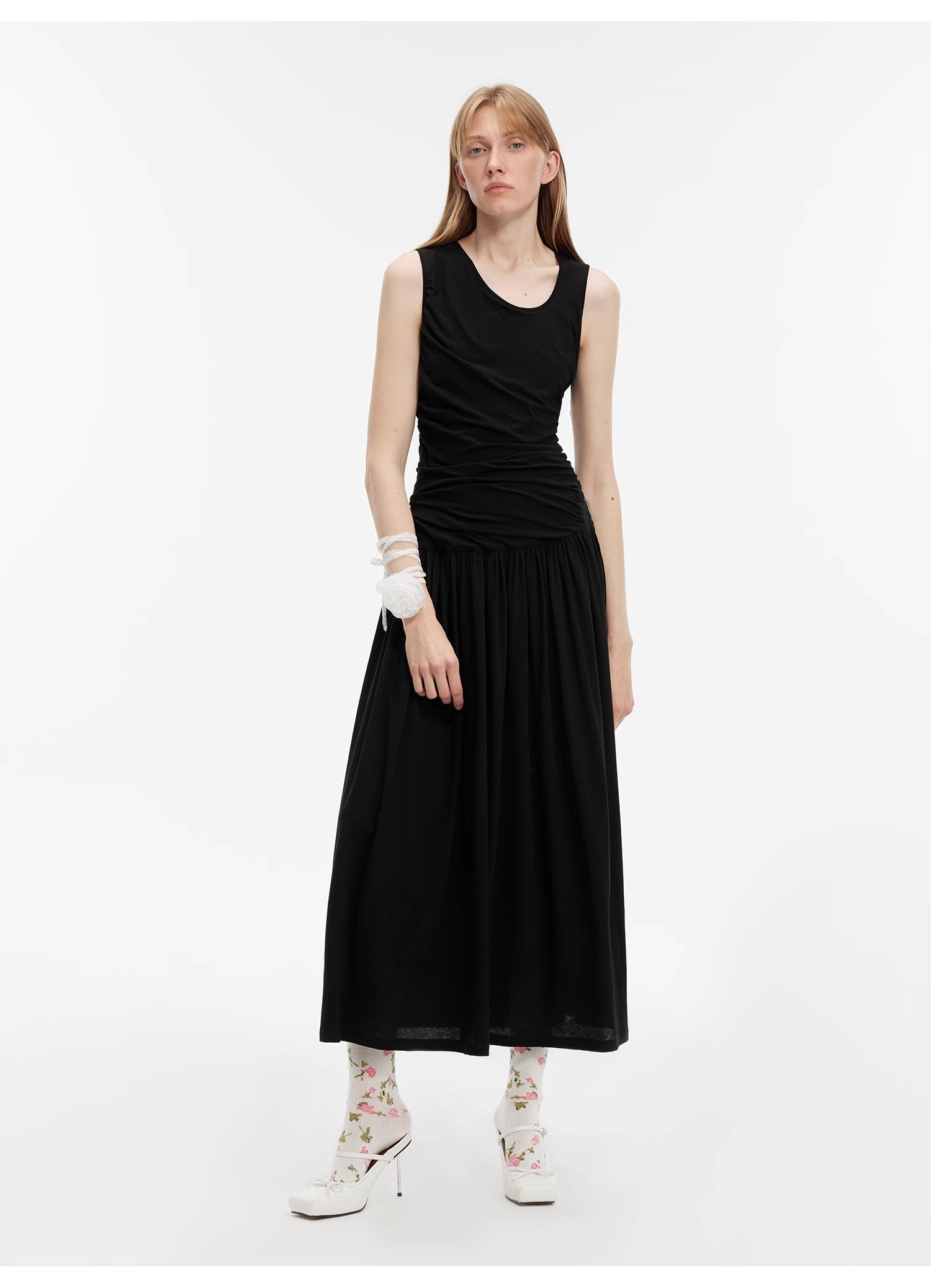 "Casual Commuting" light luxury mercerized cotton special-shaped collar waist irregular lazy long dress