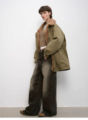 "Amber Pine Forest" fashionable Toka curly collar 90 goose down H-type drawstring mid-length parka down jacket