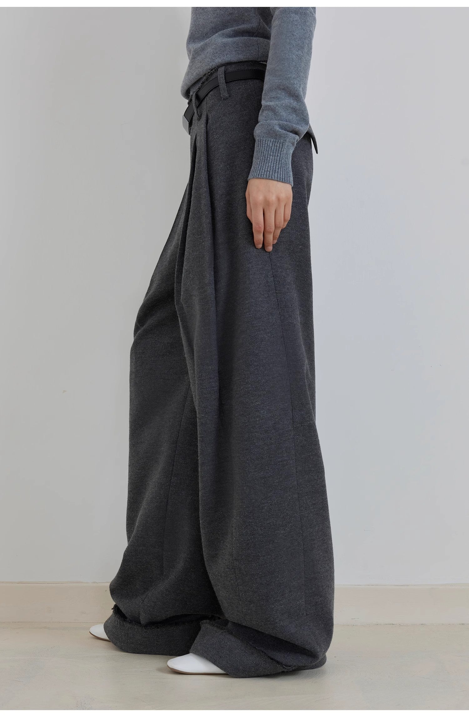 "Commuting Rules" Worsted Wool Blend Waistless Raw Edge Wide Leg Pants Slimming Scimitar Casual Pants