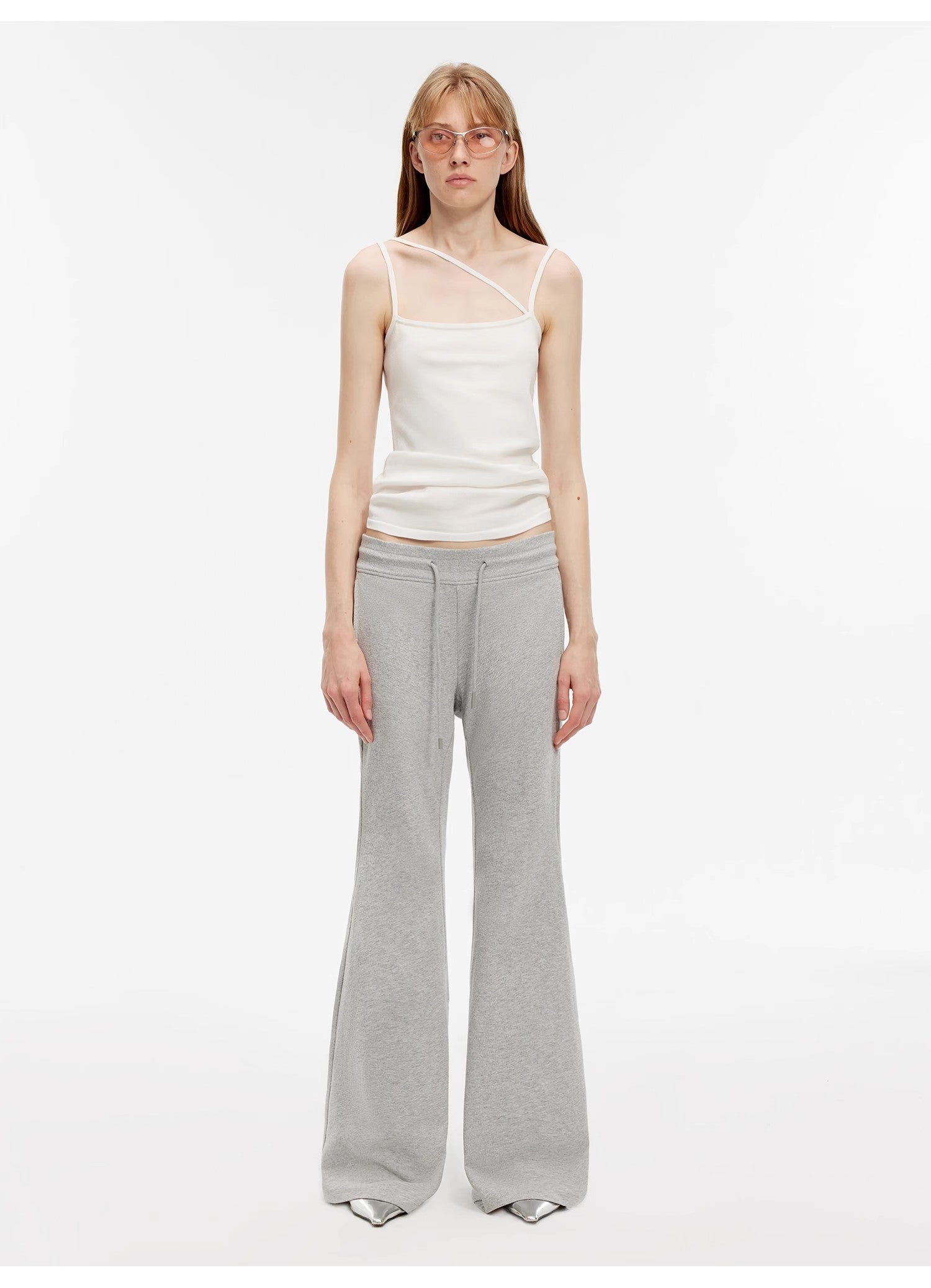 "American High Street" air-spun OE cotton fashionable low-rise fit wide waist drawstring flared pants