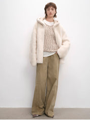 "Otaru Snow" casual hooded silhouette dropped shoulder merino wool sheepskin fur coat for women
