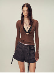 Ultrafine water-soluble wool blended versatile V-neck cardigan long-sleeved knitted top "Warm Brown Quiet Autumn"