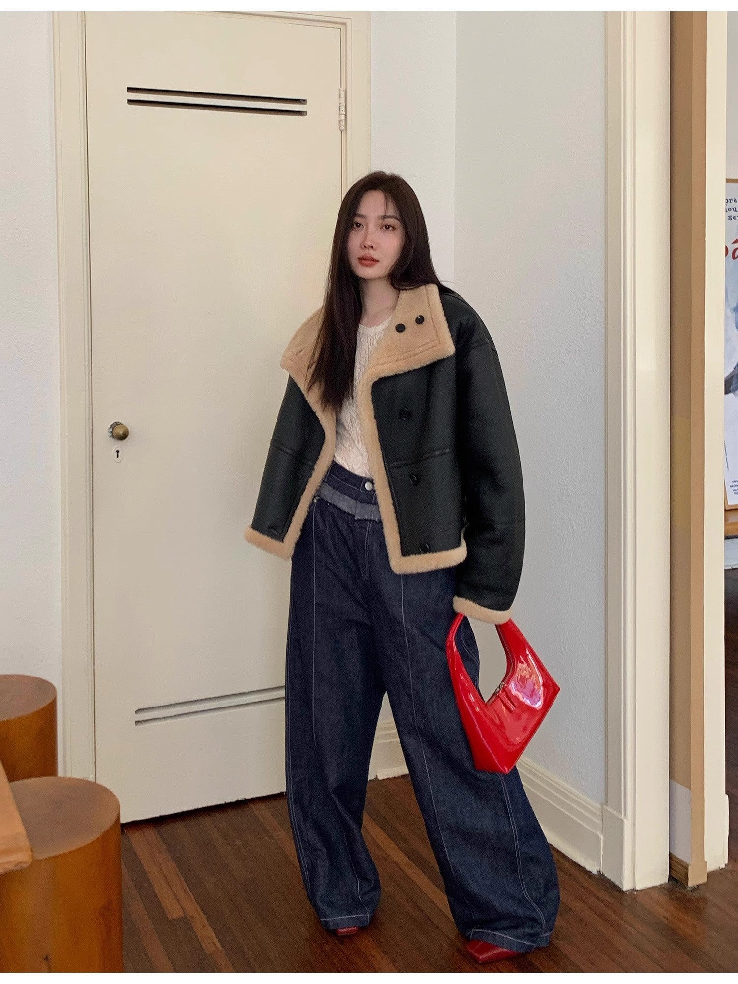 "Corner Coffee" Merino wool sheepskin stand-up collar motorcycle reversible young fur coat for women