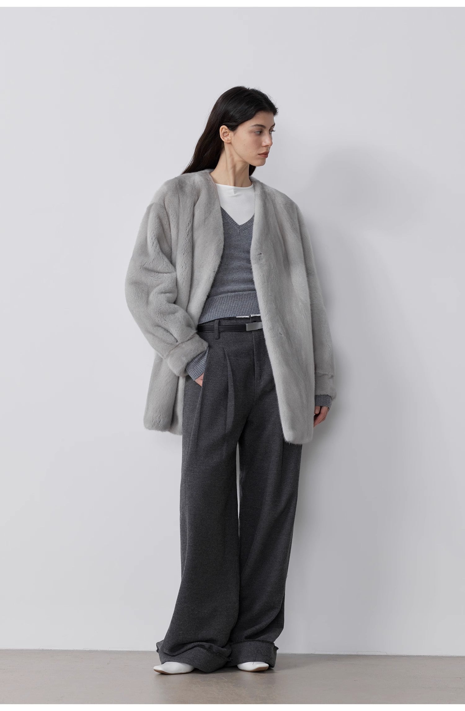 "Commuting Rules" Worsted Wool Blend Waistless Raw Edge Wide Leg Pants Slimming Scimitar Casual Pants