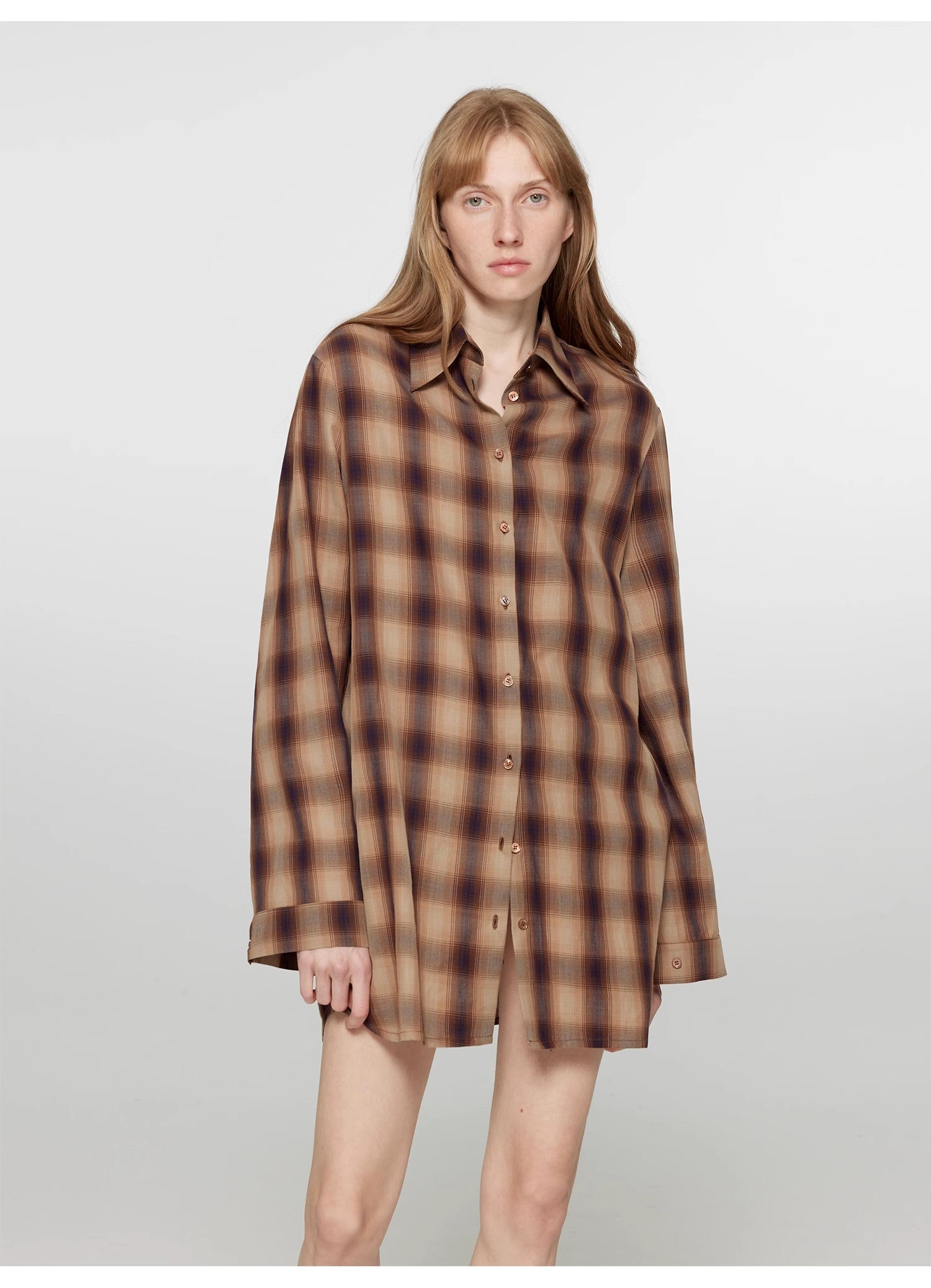 "Tea Grid" high-quality high-count cotton loose retro plaid shirt