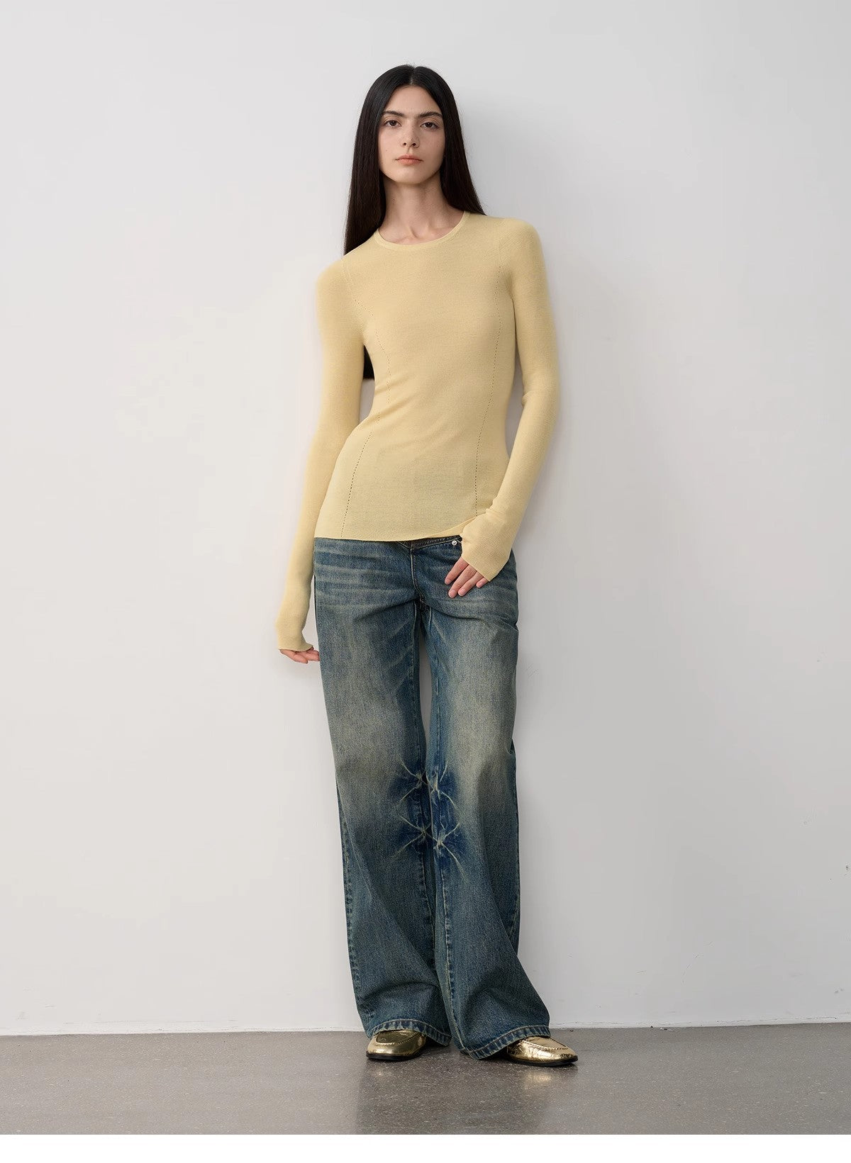 Vintage Heavy Wash Distressed Marble Pattern V-Shaped Segmented Slimming Textured Straight-Leg Denim Trousers