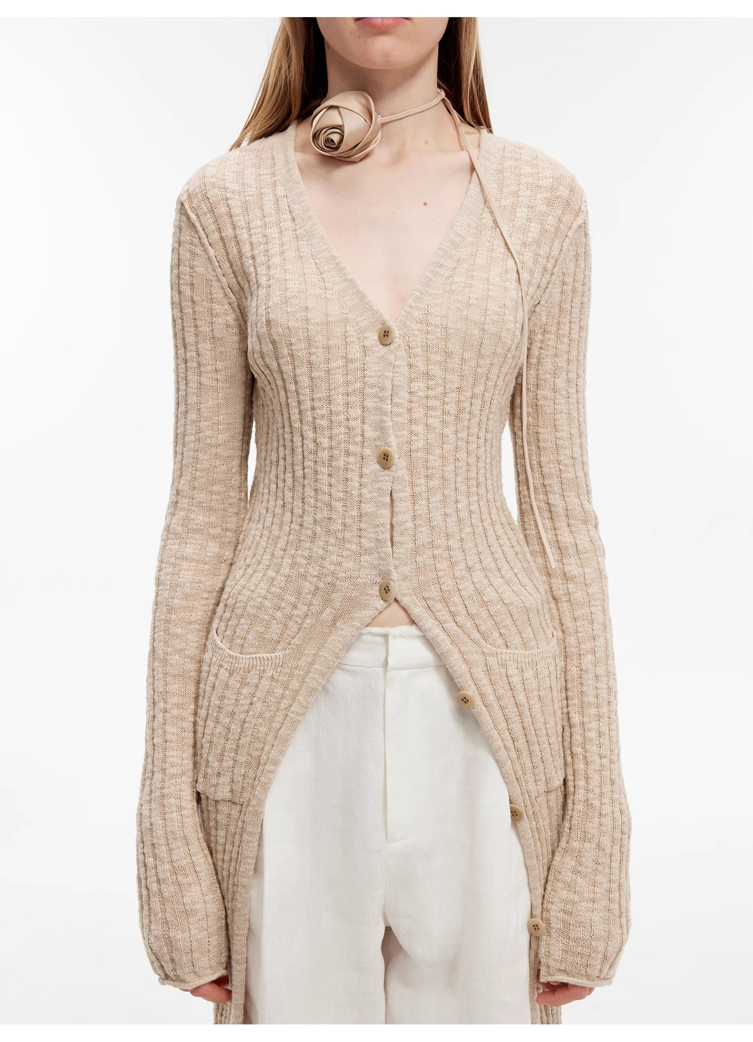 "Spring Grass Single" luxury brand same version cotton linen yarn V-neck slim pit short knitted cardigan