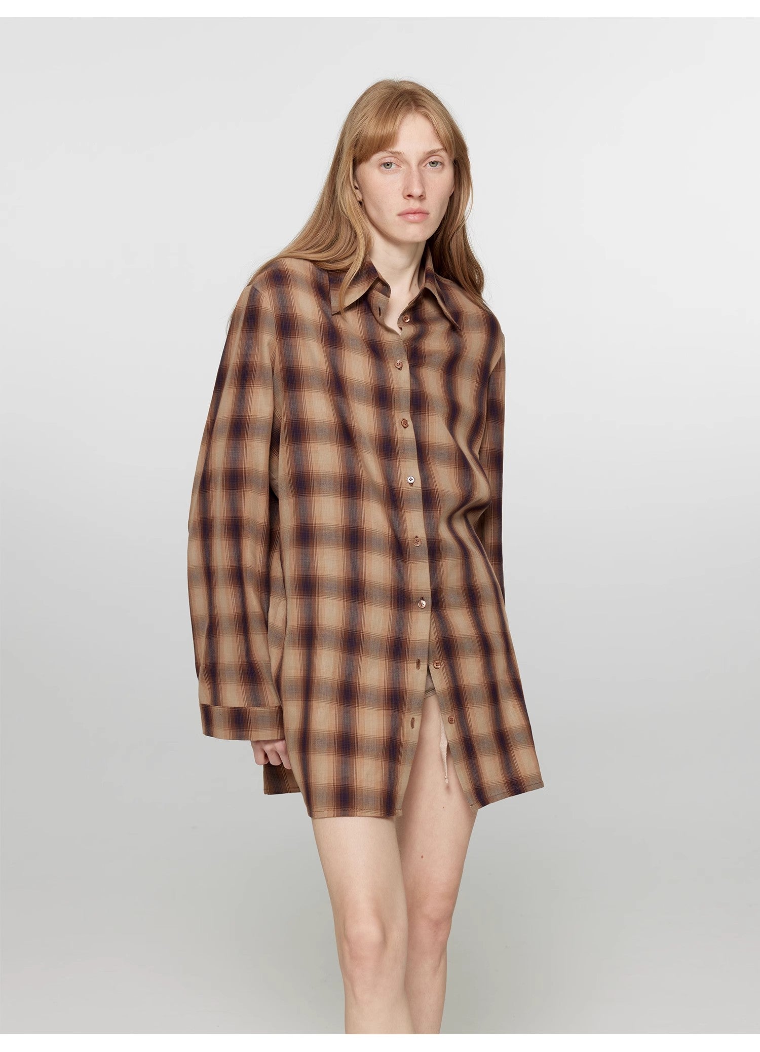 "Tea Grid" high-quality high-count cotton loose retro plaid shirt