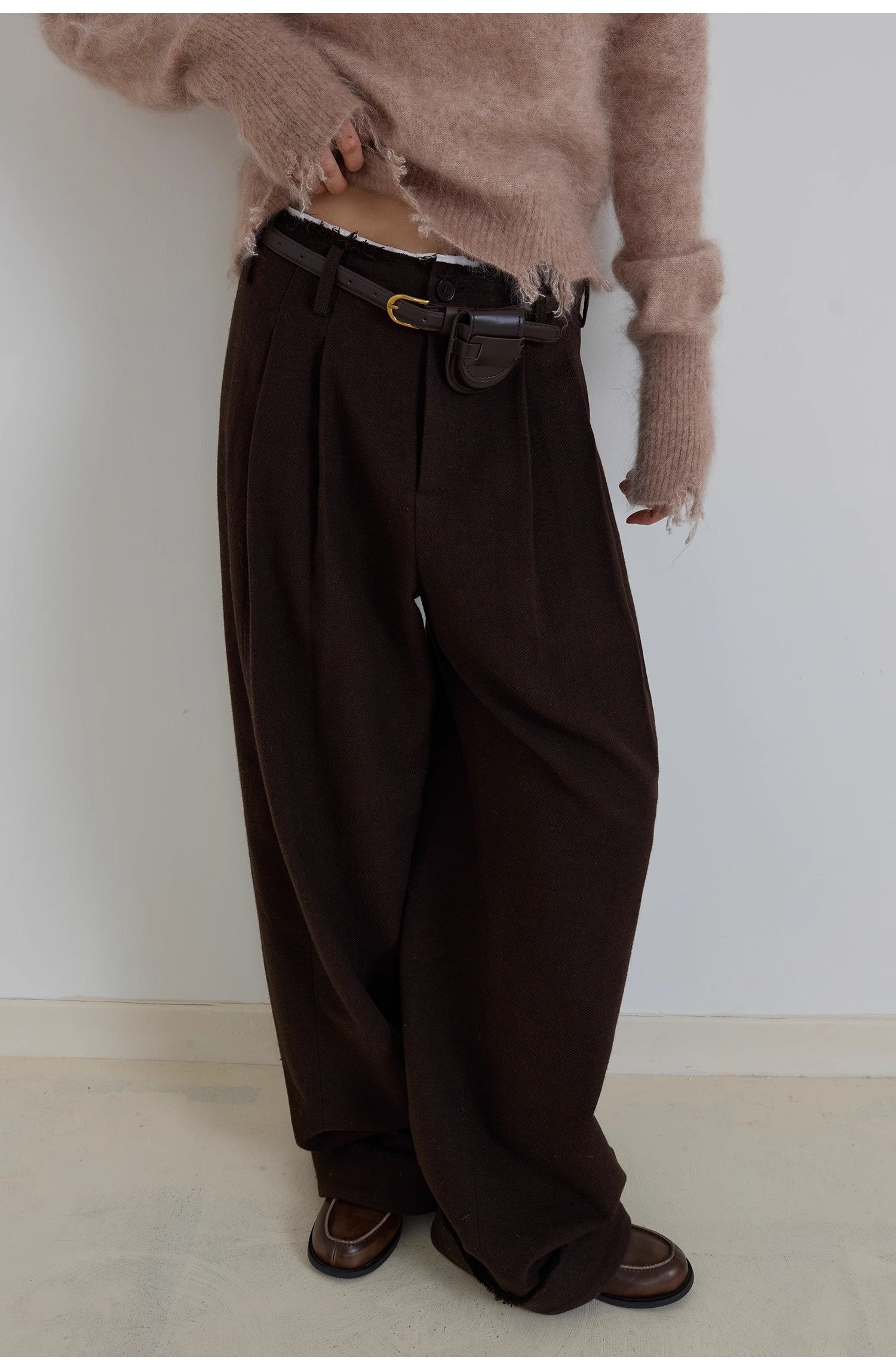 "Commuting Rules" Worsted Wool Blend Waistless Raw Edge Wide Leg Pants Slimming Scimitar Casual Pants