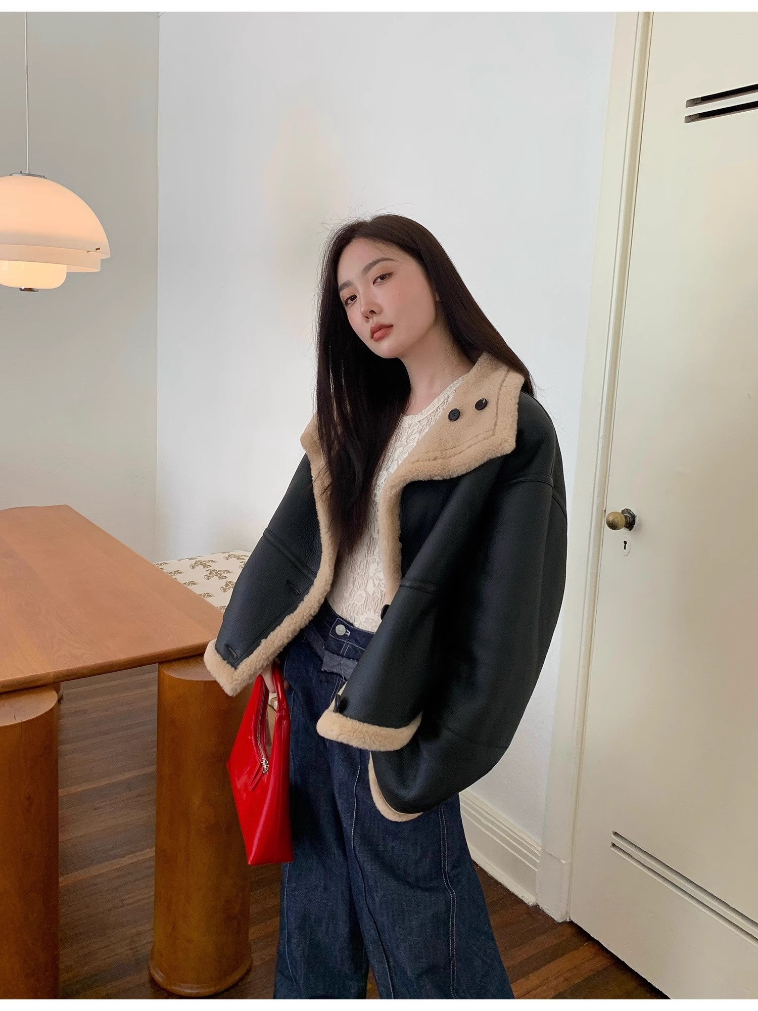 "Corner Coffee" Merino wool sheepskin stand-up collar motorcycle reversible young fur coat for women