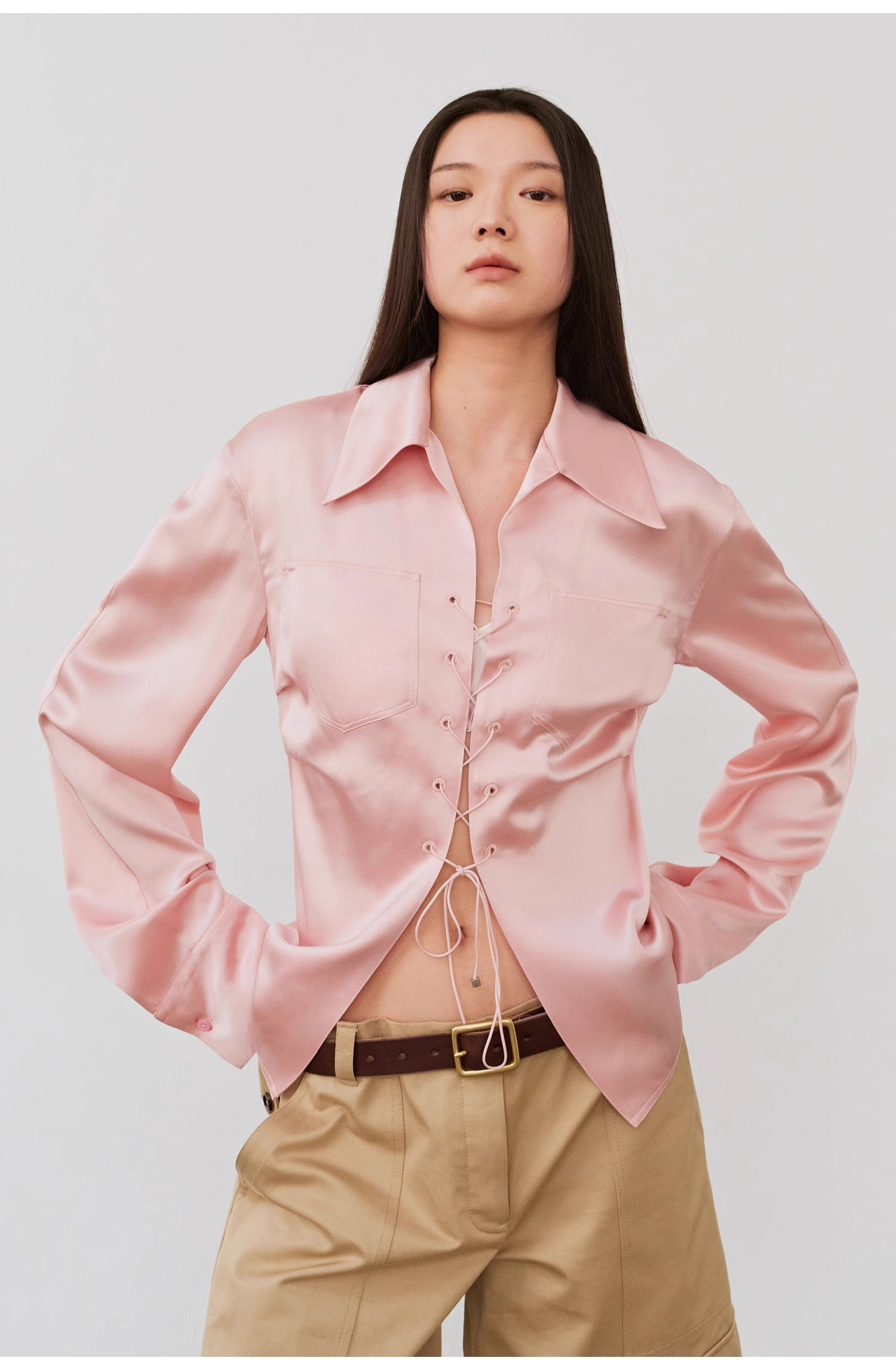 "Mercerized Spring Shadow" Acetate Shirt Women's Hollow String Pleated Slimming Long Sleeve Shirt